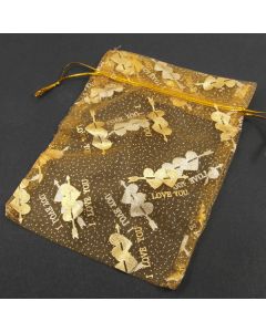 Organza Bags - Large Gold with Gold Heart (Pack of Ten)